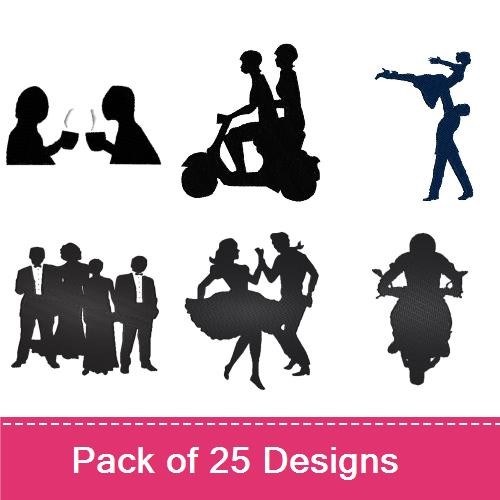 Couples Silhouettes Embroidery Designs Bundle – Couple on Scooter, Couple on Motorcycle, Dancers Silhouette & More (25 Designs)