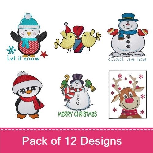 Festive Holiday Characters Embroidery Bundle – Penguin with Scarf, Reindeer with Red Nose, Christmas Owl & More (12 Designs)