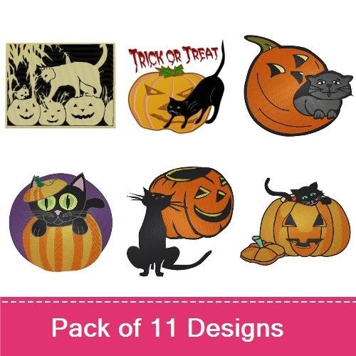 Halloween Black Cats & Pumpkins Embroidery Designs Bundle – Black Cat with Pumpkin, Trick or Treat Black Cat & More (11 Designs)