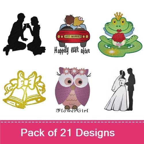 Romantic Wedding Embroidery Designs Bundle – Bride and Groom Silhouette, Kissing Couple, Engagement Ring & More (21 Designs)
