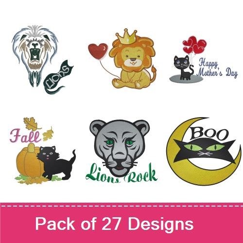 Cats & Lions Embroidery Bundle – Halloween Cat, Cute Kitten, Lion Face & More (24 Designs)