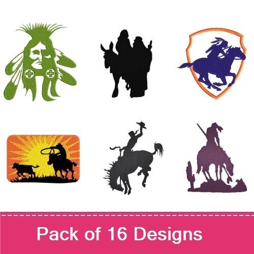 Western Cowboy & Horse Embroidery Designs Bundle – Cowboy Riding Horse, Rodeo Clown, Western Shield & More (16 Designs)