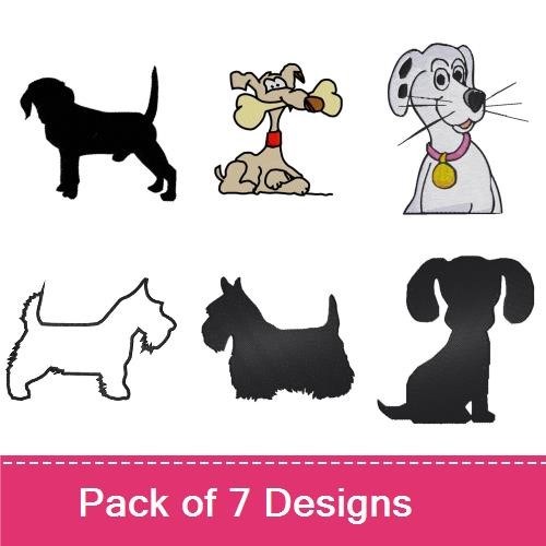 Dog Silhouette & Cartoon Embroidery Bundle – Various Breeds (7 Designs)
