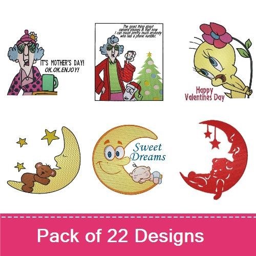 Mother's Day, Valentine's Day & Cartoon Embroidery Bundle – Festive Designs (22 Designs)