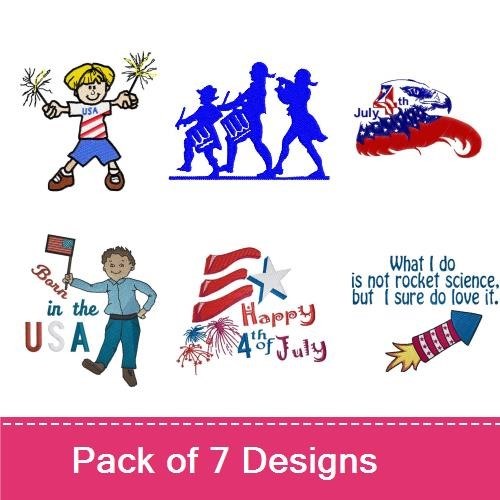 Patriotic 4th of July Embroidery Designs Bundle – American Flag with Star, Happy 4th of July, Kid with Sparklers & More (7 Designs)