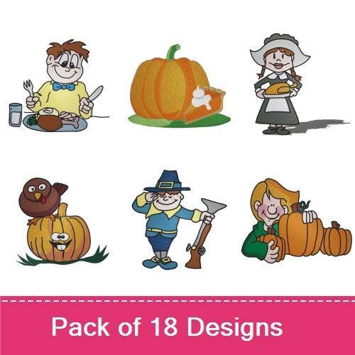 Thanksgiving Embroidery Designs Bundle – Pilgrim with Pumpkin, Turkey with Cornucopia, Falling Leaves & More (18 Designs)