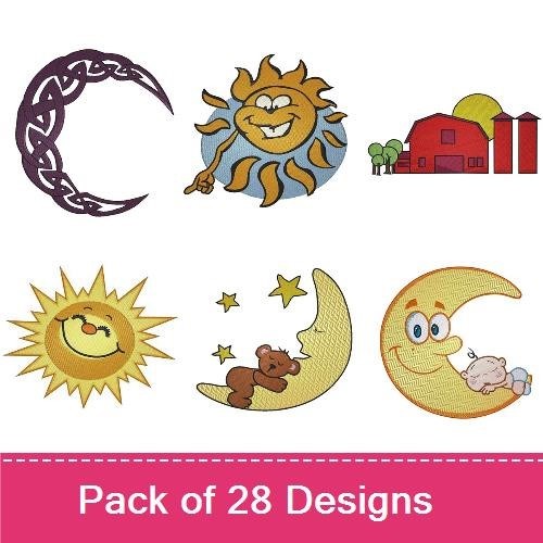 Sunny Skies & Rainbows Embroidery Designs Bundle – Moon with Stars, Rainbow, Sun with Face & More (27 Designs)