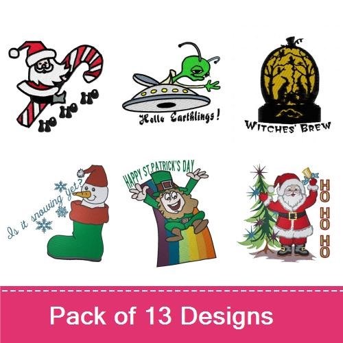 Holiday Character Embroidery Designs Bundle – Unicorn, Santa Claus, Alien & More (12 Designs)