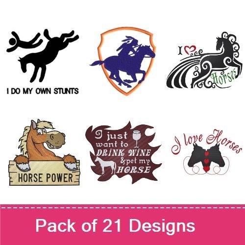 Horse Themes Embroidery Designs Bundle – I Love Horses, My Black Beauty, Horse Silhouette & More (21 Designs)