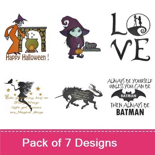 Whimsical Characters & Quotes Embroidery Designs Bundle – Love Silhouette, Witch with Cauldron, Unicorn & More (6 Designs)