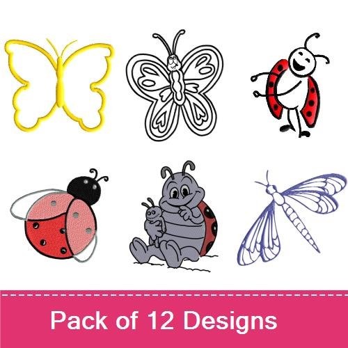 Bugs & Butterflies Embroidery Designs Bundle – Butterfly Sketch, Dragonfly, Ladybug & More (12 Designs)