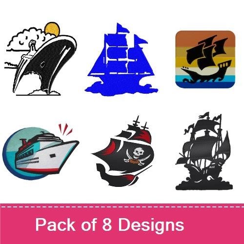 Nautical Ship Embroidery Designs Bundle – Sailing Ship Silhouette, Cartoon Cruise Ship, Pirate Ship & More (8 Designs)