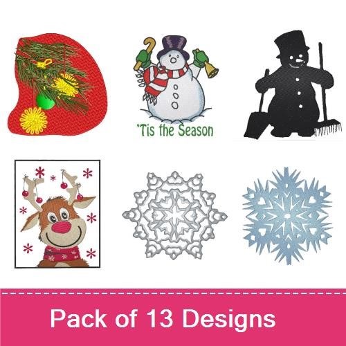Festive Winter Holiday Embroidery Designs Bundle – Reindeer with Ornaments, Funny Reindeer, Snowman & More (13 Designs)