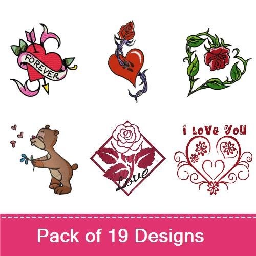 Romantic Hearts and Roses Embroidery Designs Bundle – Red Rose Heart, Love Heart, Cute Bear with Heart & More (18 Designs)
