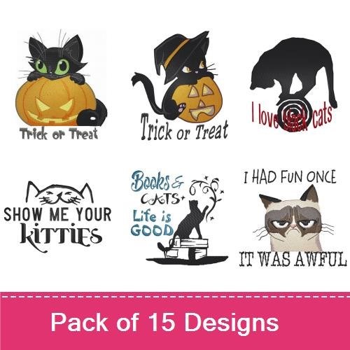 Cat-Themed Embroidery Bundle – Halloween & Grumpy Designs (15 Designs)