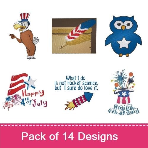 Patriotic Americana Embroidery Designs Bundle – Biker with American Flag, Eagle Silhouette, Rocket with Stars & More (13 Designs)