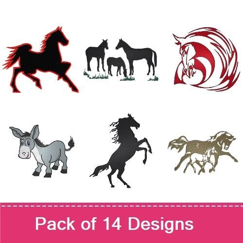Horse & Pony Silhouettes Embroidery Designs Bundle – Pony with Curly Mane, Running Horse, Galloping Horse & More (14 Designs)
