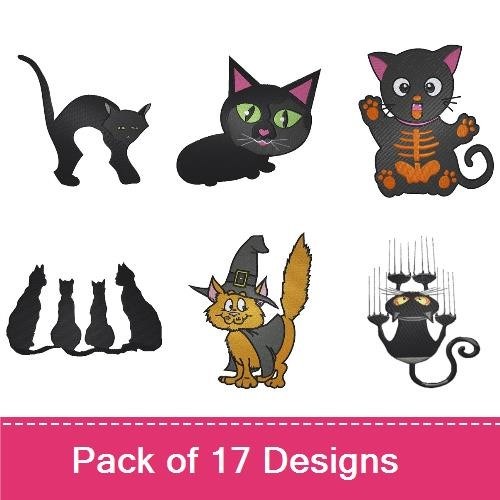 Black Cat Halloween Embroidery Bundle – Sitting Cat, Spooky Cat, Cat with Candles & More (17 Designs)