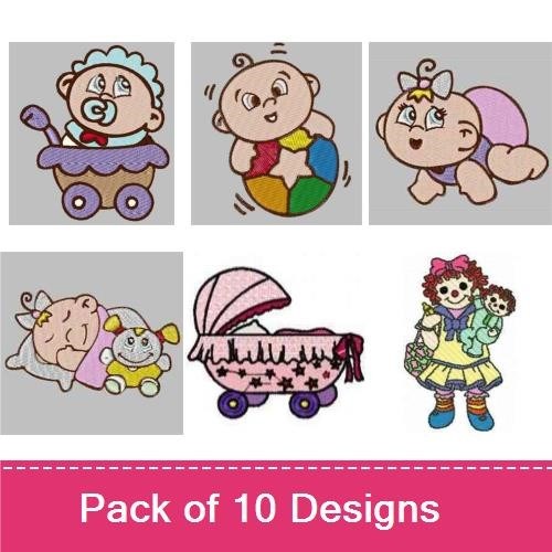 Cute Baby and Childhood Embroidery Designs Bundle – Crawling Baby, Baby in a Stroller, Sleeping Baby & More (10 Designs)
