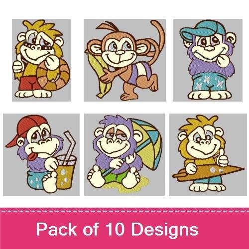 Playful Monkeys Embroidery Designs Bundle – Monkey with Dolphin, Monkey with Surfboard, Monkey with Hat & More (10 Designs)