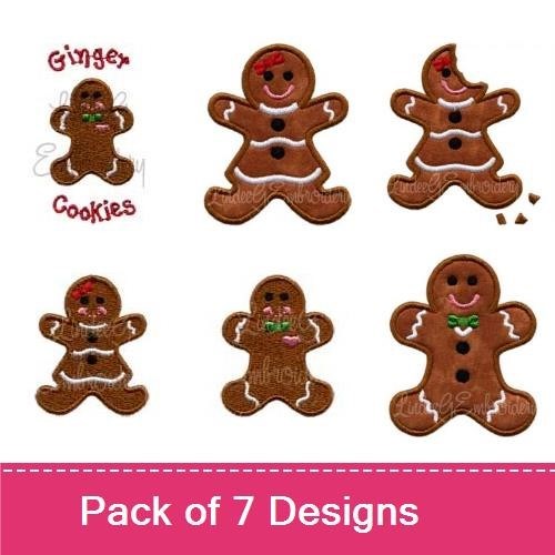 Gingerbread Cookies Embroidery Designs Bundle – Gingerbread Cookie with Bow, Candy Cane, Red Hat & More (7 Designs)