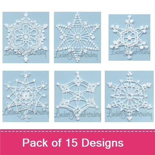 FSL Crochet Snowflakes Embroidery Designs Bundle – Floral Snowflake, Lace Snowflake with Flower, Ornate Snowflake & More (15 Designs)