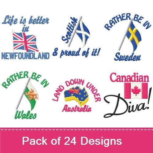Country Pride Flags Embroidery Designs Bundle – Finnish Flag, Newfoundland, France Je T'aime & More (24 Designs)