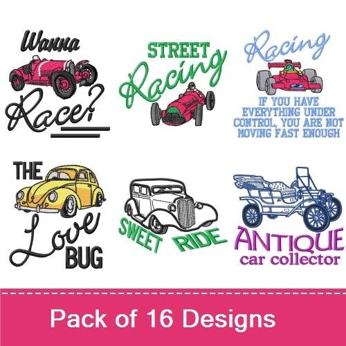 Classic & Racing Cars Embroidery Designs Bundle – The Love Bug, Old School Car, Racing Hot Guy in a Hat Car & More (16 Designs)