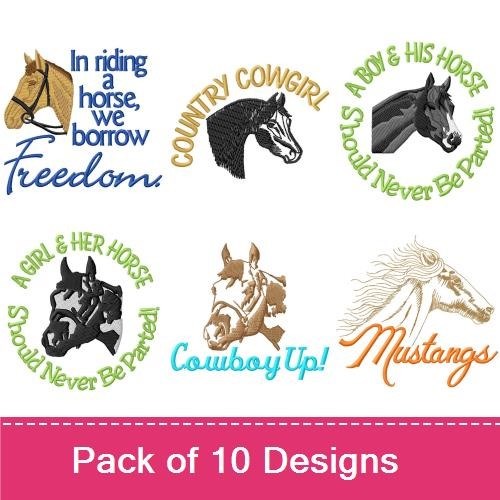 Horse Themed Embroidery Bundle – Horse Head with Bridle, Country Cowgirl, Mustang Silhouette & More (10 Designs)