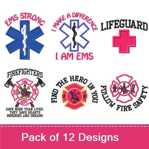 Emergency Services & Firefighter Embroidery Designs Bundle – EMS Strong Badge, Volunteer Emblem, Emergency Badge & More (12 Designs)