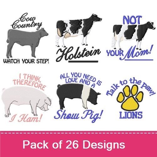 Farm Animal Embroidery Designs Bundle – Show Pig, I'm So Moo-velous, Cow Says Moo & More (26 Designs)