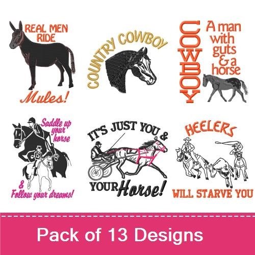 Western Horse & Cowboy Embroidery Designs Bundle – Real Men Ride Mules, Country Cowboy, A Man with Guts & More (13 Designs)