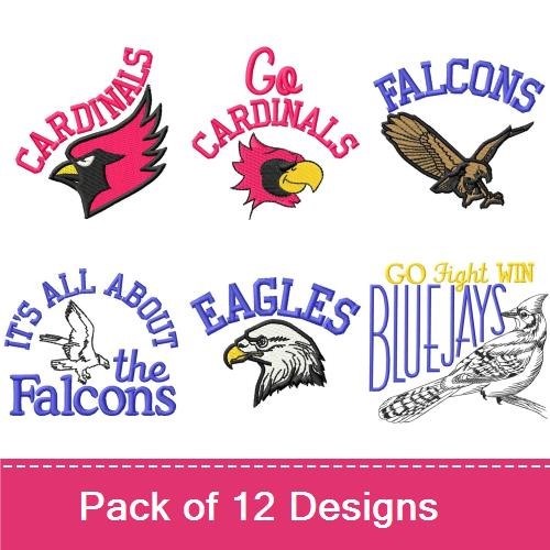 School Spirit Mascots Embroidery Bundle – Go Cardinals, All About the Falcons & More (12 Designs)