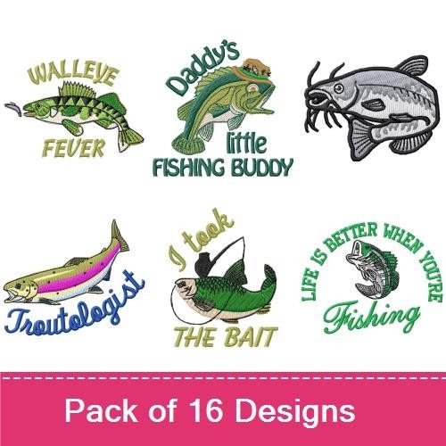 Fishing Adventure Embroidery Bundle – Catfish, Pike with Walleye Fever, I've Got a Big Mouth & More (16 Designs)