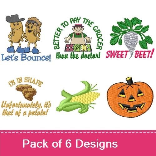 Funny Vegetable Embroidery Designs Bundle – Corn on the Cob, Let's Bounce Potatoes, Pumpkin & More (6 Designs)