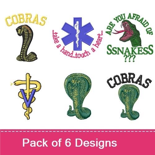 Cobra & Snake Embroidery Designs Bundle – Caduceus Symbol, Medical Symbol with Cobra, Are You Afraid of Snakes? & More (6 Designs)