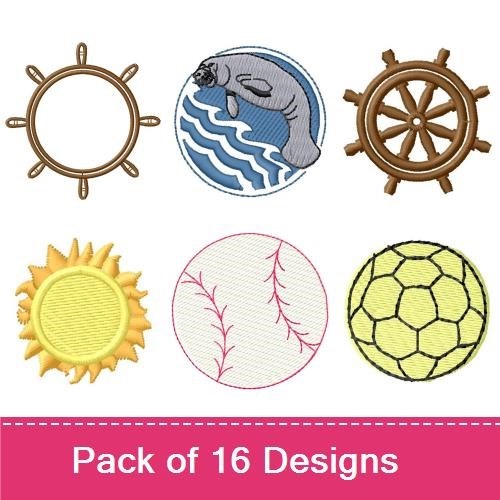 Nautical & Sports Embroidery Designs Bundle – Manatee, Baseball, Nautical Wheel & More (16 Designs)