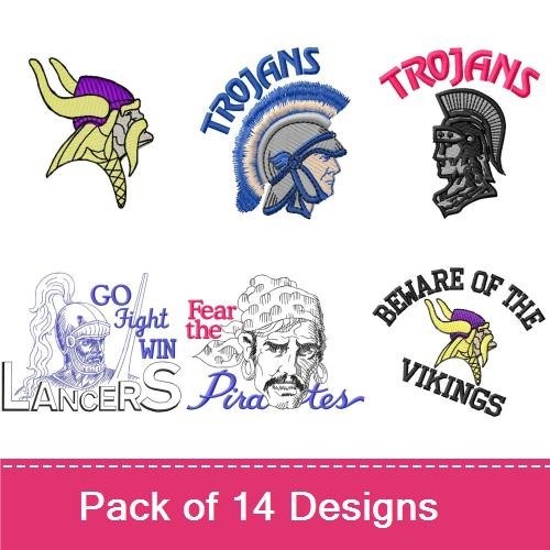 School Spirit Embroidery Designs Bundle – Spartan Head, Pirate Logo, Trojan Helmet & More (14 Designs)