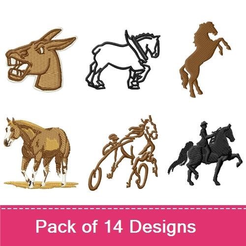 Equestrian Horses Embroidery Designs Bundle – Rearing Horse, Jumping Horse with Rider, Trotting Horse & More (14 Designs)