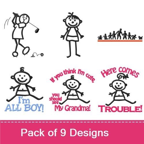 Playful Stick Figures Embroidery Designs Bundle – Stick Figure with Balloons, Stick Figure with Grandma, & More (9 Designs)