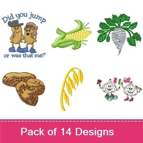 Farm-Themed Vegetable Embroidery Designs Bundle – Radish, Potato, Corn, Chickens & More (14 Designs)