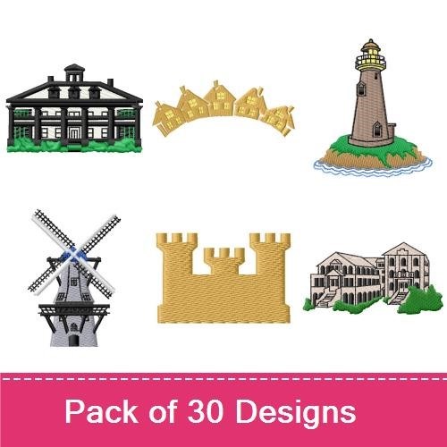 Neighborhood and Landmark Embroidery Designs Bundle – Windmill, City Skyline, Gardening Tools & More (30 Designs)