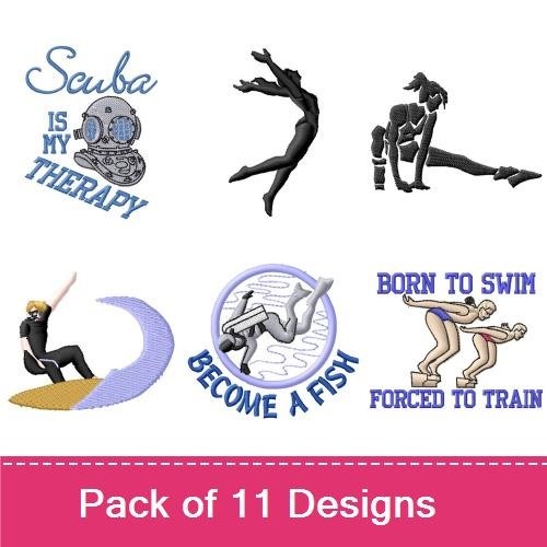Active Lifestyle Embroidery Designs Bundle – Dancer Silhouette, Surfing Silhouette, Swimmer Silhouette & More (11 Designs)