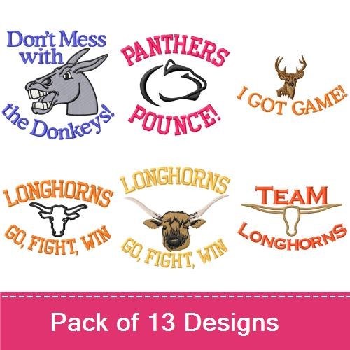 College Mascot Spirit Embroidery Designs Bundle – Panthers Pounce, Longhorns Go Fight Win, Bears Paw Print & More (13 Designs)