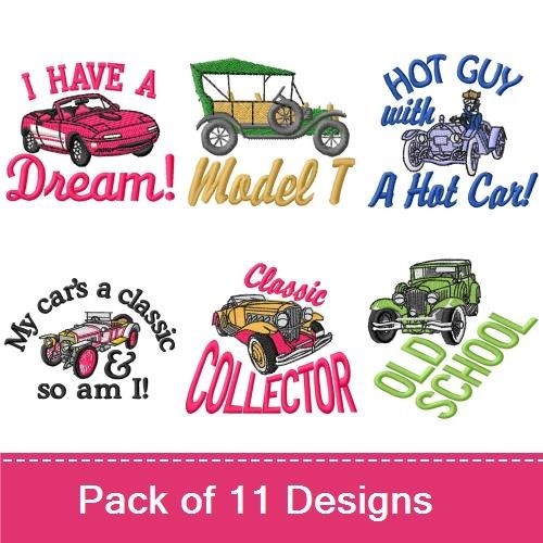 Classic Cars Embroidery Designs Bundle – Vintage Car, Red Sport Car, Model T & More (11 Designs)