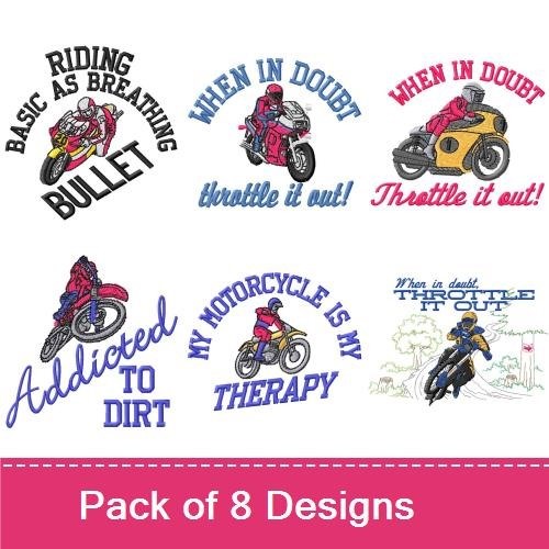 Motorcycle Enthusiast Embroidery Designs Bundle – Motorcycle with Sidecar, Riding Basic as Breathing, & More (8 Designs)