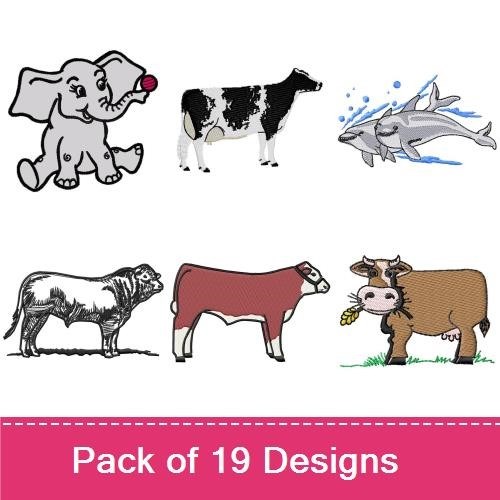 Farm Animal Embroidery Bundle – Cow, Sheep with Bow, Elephant & More (19 Designs)
