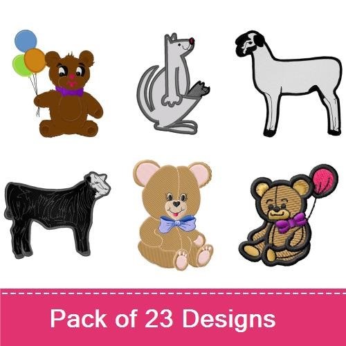 Farm Animal Embroidery Bundle – Holstein Cow, Teddy Bear with Balloons, Seal & More (23 Designs)