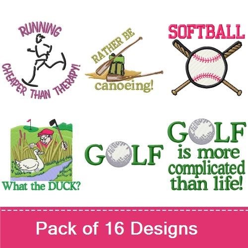 Sports & Outdoor Activities Embroidery Designs Bundle – Softball, Baseball, Running, Golf Sayings & More (16 Designs)