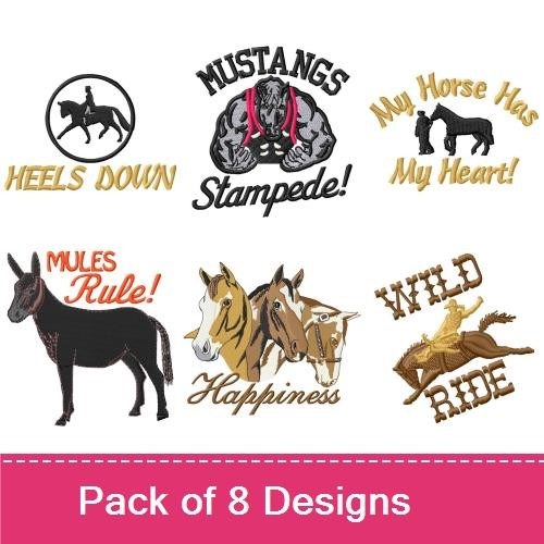Equestrian Themes Embroidery Designs Bundle – Wild Ride, Heels Down, Mustangs are Stampeded! & More (8 Designs)
